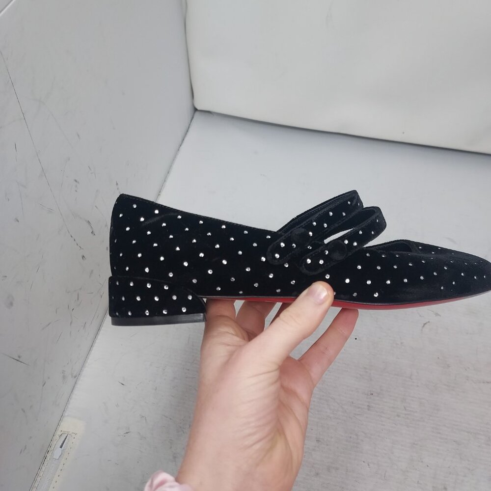 Christian Louboutin Black Velvet Bejeweled Sweet Jane Buckle Flat Shoe - Picture 9 of 12